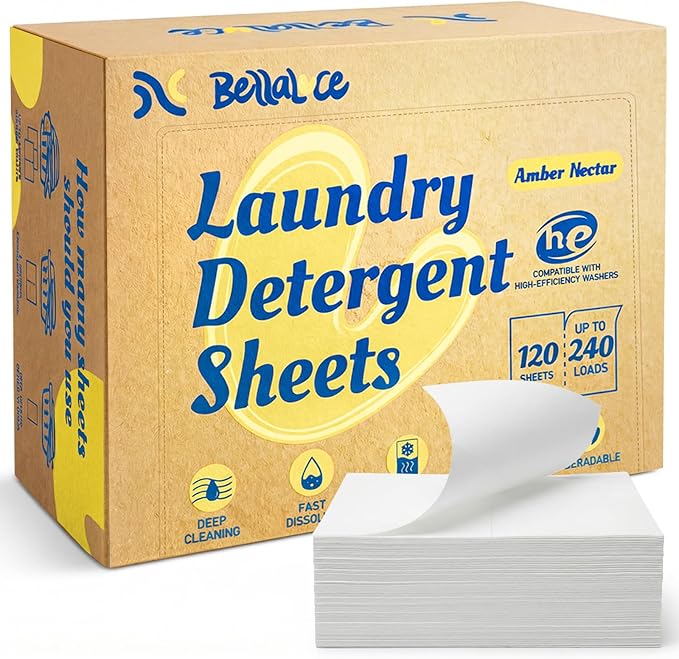 BellaLuce Laundry Detergent Sheets – 240 Loads Amber Nectar Scent, Hypoallergenic & Eco-Friendly Laundry Sheets Detergent, Plastic-Free Washer Sheets for Home, Dorm & Apartment