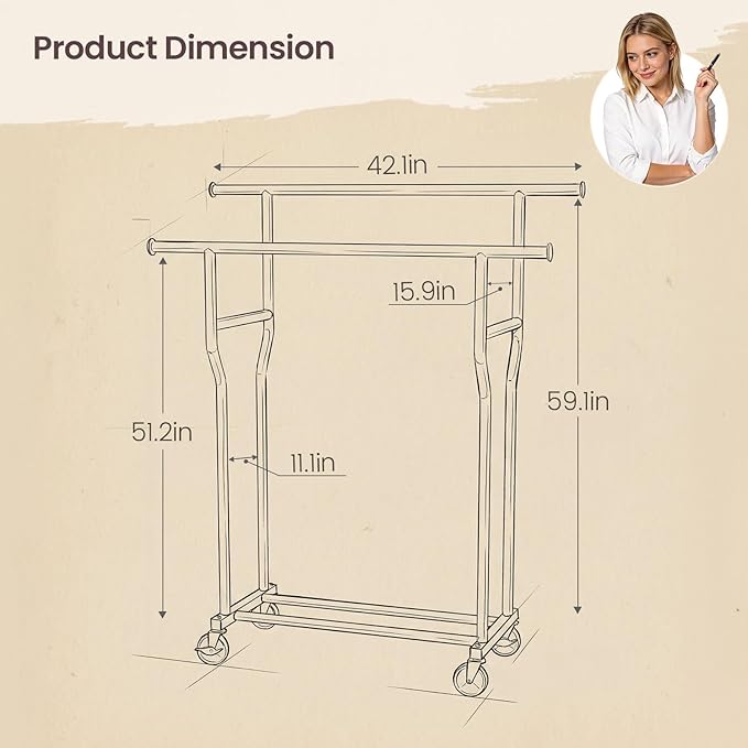 Clothes Rack, Double Rods Rolling Clothing Rack for Hanging Clothes Load 260 LBS Closet Rack with Wheels, Metal Portable Garment Rack for Bedroom Laundry Living Room, Black
