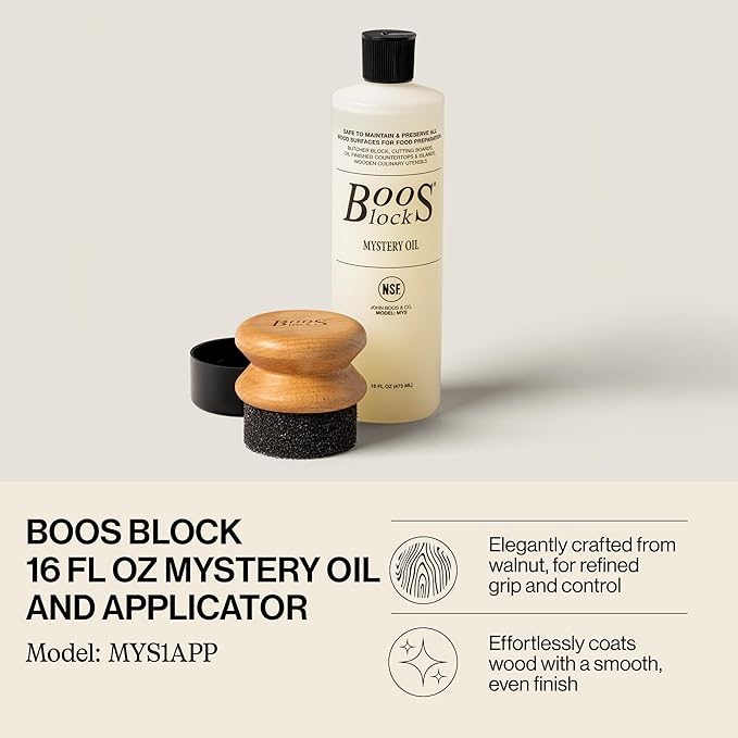 John Boos 2-Piece Care Set, 16 oz Mystery Oil & Round Beechwood Applicator - All-Natural Maintenance Formula for Butcher Blocks, Cutting Boards, Wooden Countertops & Wood Utensils