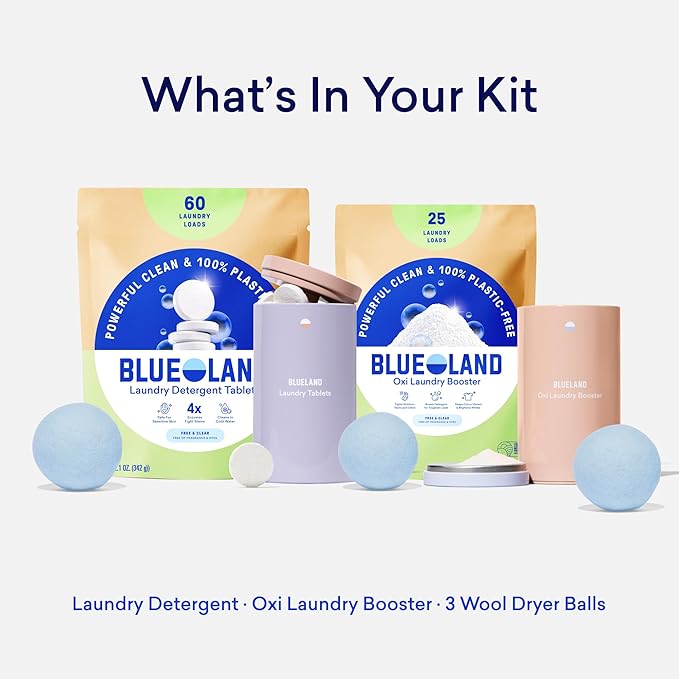 BLUELAND Laundry Essentials Kit, Fragrance Free & Clear - Plastic-Free Laundry Detergent Tablets, Oxi Booster, and Reuseable Natural Wool Dryer Balls