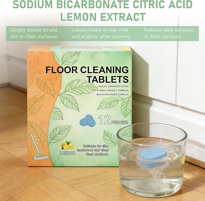 Floor Cleaner Tablets Hard Floor Cleaner Tablets, Deep Cleans for Multiple Hard Floors for Tile, Vinyl, Hardwood, Fresh Lemon Scent, Compatible with Robot Mops & Wet/Dry Vacuums(3PCS)