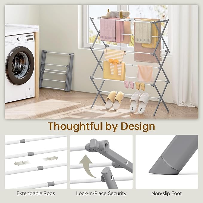 KINGBOARD Clothes Drying Rack, Collapsible Drying Rack Clothing with 11 Poles, 3-Tier Laundry Drying Rack, Small Clothes Drying Rack Foldable for Baby Clothes Sock Towel, 25lb Capacity, White & Grey