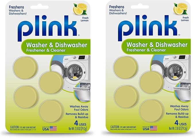 Plink Washer and Dishwasher Freshener and Cleaner, Prevents Residue, Removes Odors in Kitchen and Laundry Room Appliances, Septic-Friendly, Fresh Lemon Scent, 2 Packs of 4, 8 Tablets Total