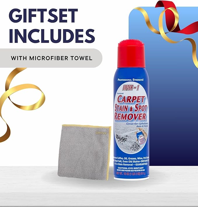 GROVE Lifter-1 Carpet Stain & Spot Remover Spray 18 oz Bundle with Microfiber Cloth - Effortless Carpet Stain Remover - Quick and Easy Carpet Cleaner Spray for Tough Stains - (4 Items)
