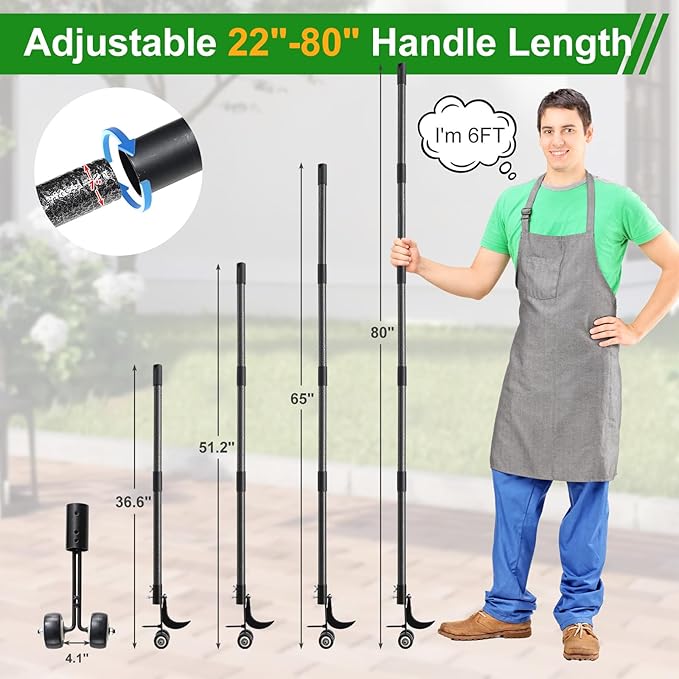 Crack Weeder with Wheels 6.5FT Metal Crevice Weeding Tool with Adjustable Long Handle Saves Back & Knee Manual Weed Remover for Paver Deck Patio Driveway Sidewalk Garden