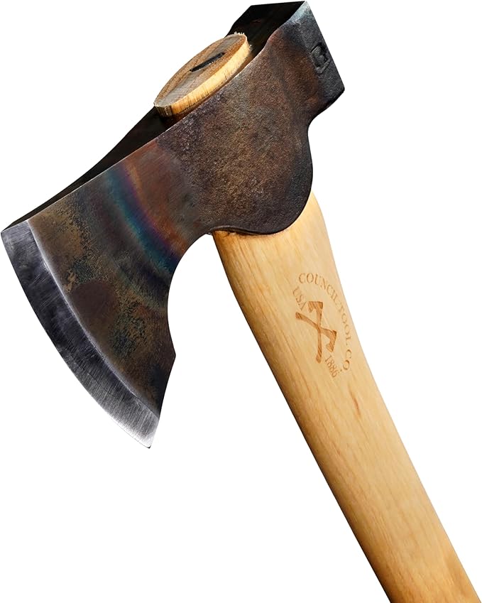 COUNCIL TOOL Wood-Craft Camp Carver Axe - 1.7 lbs Bushcraft Axe with 16" Curved Hickory Handle & Leather Sheath - WC17CCA16C