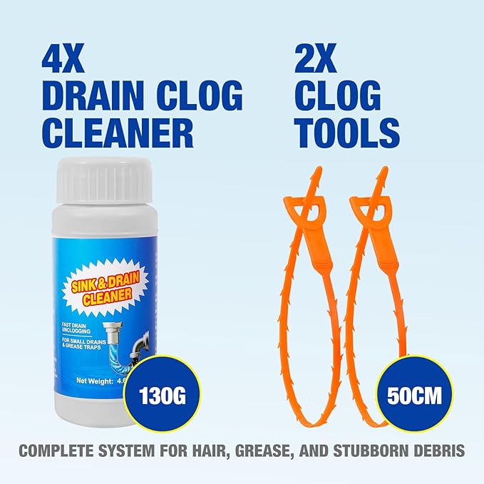 Sink and Drain Cleaner Powder - Powerful Powdered Drain Clog Remover for Kitchen Pipes & Tubs - Fast Acting Formula Immediate Relief Sluggish（130gx4 Pack）