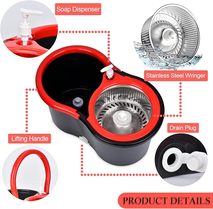 Spin Mop and Bucket with Wringer Set, 360° Spinning Mop Bucket System with 3 Microfiber Mop Replacement Heads and 61" Stainless Steel Adjustable Handle for Floor Cleaning