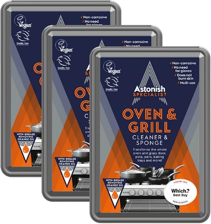 Astonish Specialist Oven & Grill Cleaner & Sponge, 250g – Heavy Duty Degreaser Paste with Orange Oil – Restores Shine to Ovens, Grills & Racks – No Harsh Chemicals, 3 Pack