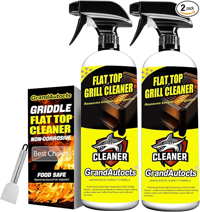 Flat Top Grill Cleaner Kit， Grill & Griddle Cleaner - Non-Toxic Food Safe & Non-Caustic Formula, Removes Burnt-On Grease/Carbon (2 Pcs + Cleaning Tools)