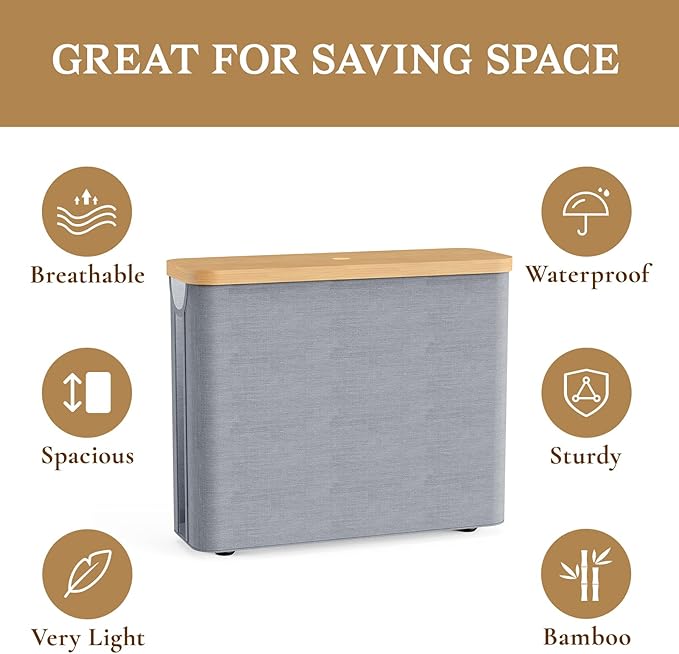 Toilet Paper Storage Basket with Bamboo Lid, Toilet Paper Holder with Storage, Free Standing Bathroom Storage Organizers with Non-Slip Bottom, Grey 2 Pack