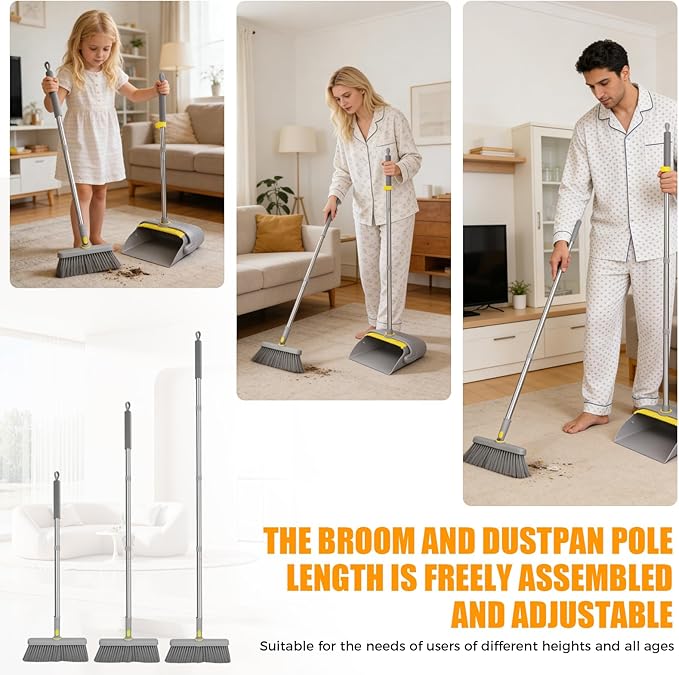 Upgrade Broom and Dustpan Set 180° Rotatable Head with 61" Extra Long Adjustable Handle Self-Cleaning Dustpan Teeth&Zero Gap Indoor Outdoor Sweeping for Home Kitchen Office Pet Hair-Gray&Yellow