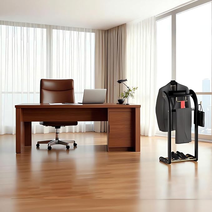 Suit Valet Stand for Men, Wood Mens Valet Stand with Base, Contour Hanger, Tray, Trouser Bar and Tie Bar, Clothes Valet Stand for Bedroom Entryway Home Living Room Office (Black)
