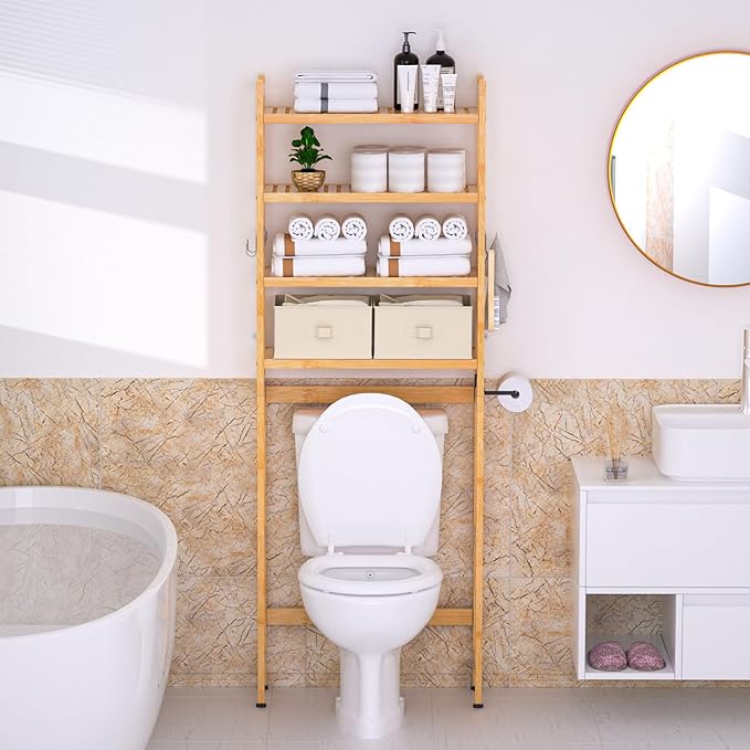 Cozivolife Over The Toilet Storage with 2 Baskets, 4-Tier Bamboo Organizer Rack with Paper Holder & 4 Hooks & Waterproof Feet Pad,Freestanding Shelf for Bathroom(Natural)