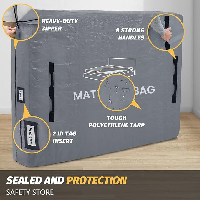 Mattress Bags for Moving and Storage, BETU Waterproof Mattress Protector King Mattress Cover with 8 Heavy Duty Handles and Zipper Extra Thick Moving Supplies for Bed Reusable (82x79x13.5 Grey)