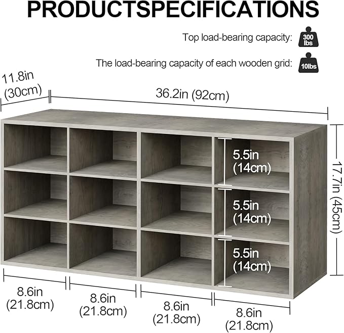 Garden 4 you Shoe Storage Bench, Cubby Shoe Rack with 12 Cubbies, 3-Tier Wood Shoe Rack Organizer, Shoe Organizer Cabinet for Entryway, Hallway, Closet and Garage, Grey