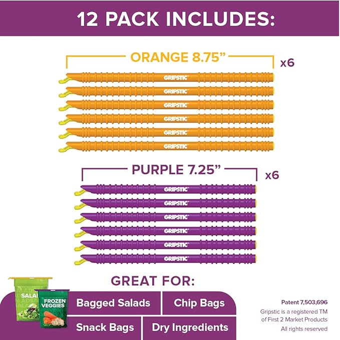 GripStic Bag Sealer – 12-Pack Medium Reusable Bag Clips, Original Airtight & Waterproof Seal for Food Storage, Chips & Kids Snacks