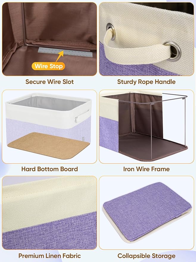 BALEINE 3 Pack Fabric Storage Bins for Shelves, Linen Storage Baskets for Organizing, Decorative Closet Bins for Clothes, Home (Lavender, 15''x11''x9.5'')