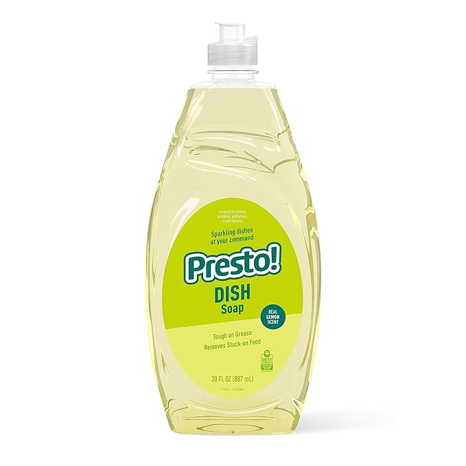Amazon Brand - Presto! Concentrated Dish Soap, Lemon Essential Oil Scent, Removes Stuck-on Food and Grease, Phosphate-Free Formula, 30 fl oz, Pack of 2