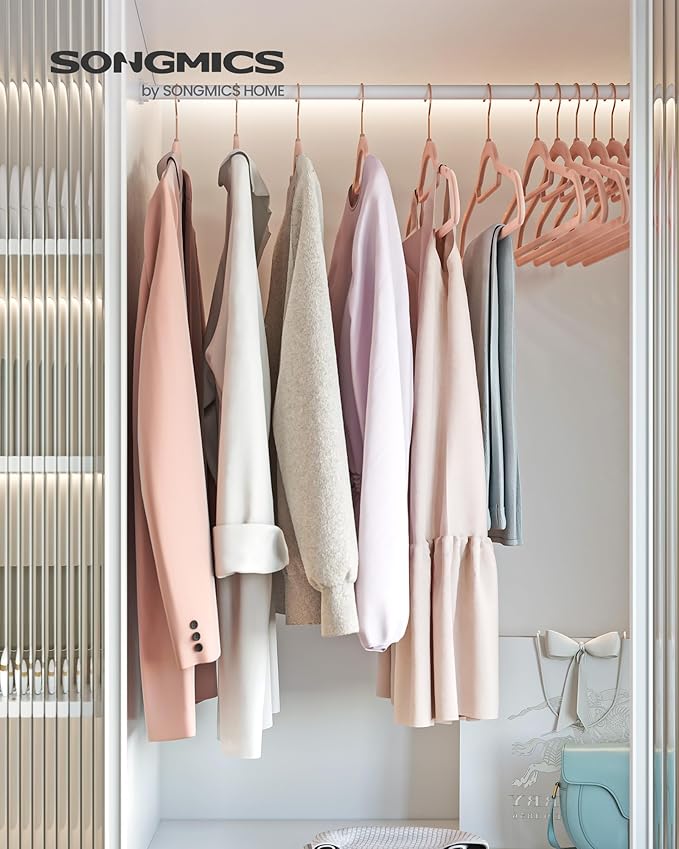 SONGMICS Velvet Hangers, Set of 60 Clothes Hanger with Rose Gold Swivel Hook, Non-Slip, and Space-Saving, 0.2-Inch Thick, 17.1-Inch Long for Coat, Shirt, Dress, Pants, Tie, Coral Pink UCRF0021R01