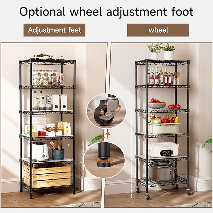 Golpart Small 6 Tier Shelves Storage Wire Shelving Unit Metal Shelf Adjustable Organizers Storage Shelving with Wheels for Bathroom Laundry Room Kitchen Pantry12”D x 18”W x 61.6”H Black