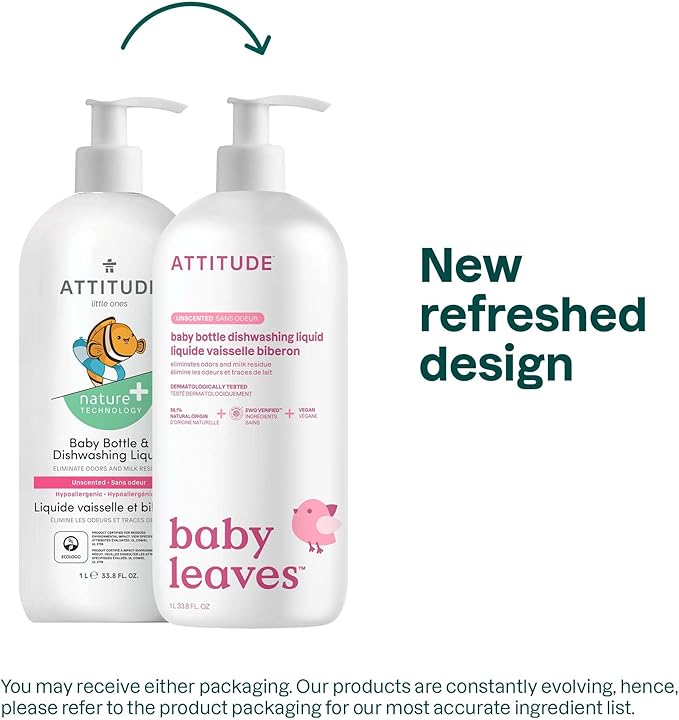 ATTITUDE Baby Bottle & Dish Soap, EWG Verified Bottle Cleaner, Fragrance Free & Dye Free, Removes Milk Residue & Grease, Vegan, Unscented, 33.8 Fl Oz