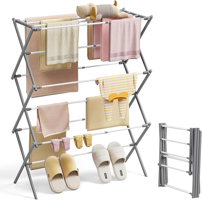 KINGBOARD Clothes Drying Rack, Collapsible Drying Rack Clothing with 11 Poles, 3-Tier Laundry Drying Rack, Small Clothes Drying Rack Foldable for Baby Clothes Sock Towel, 25lb Capacity, White & Grey
