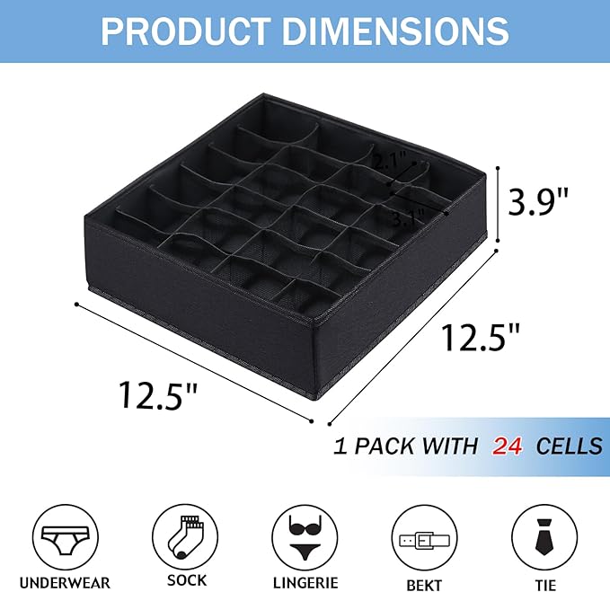 Foldable Storage Cubes Drawer Underwear Organizer Dividers， under Cabinet Organizer 24-Cell Fabric Storage Boxes for Lingerie,Socks,Ties （Black）