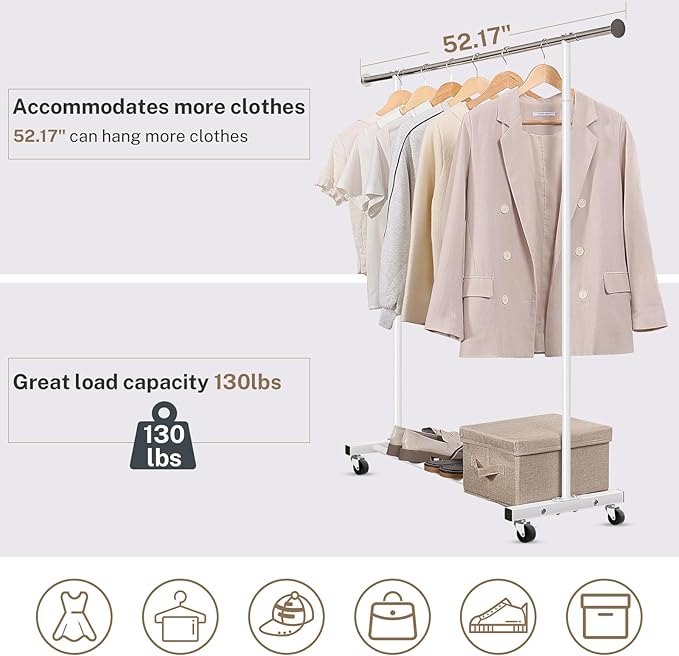 VICERII Clothes Rack, 130LB Capacity Heavy Duty Clothing Rack with Wheels and Bottom Shelf, 52.17 Inch Rolling Racks for Hanging Clothes, Coats, Shirts, Sweaters, Skirts, Dress, White