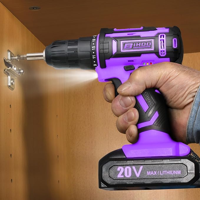 Purple Cordless Drill Set,20V Drill Driver with Battery and Charger,3/8-Inch Keyless Chuck, Variable Speed,with Drills Bits Set