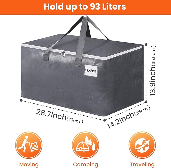 BlissTotes Large Moving Boxes and with Zippers & Handles Moving Supplies with lids, Heavy Duty Totes for Storage Bags for Space Saving, Fold Flat, Moving and Storing 93L, 8 Pack