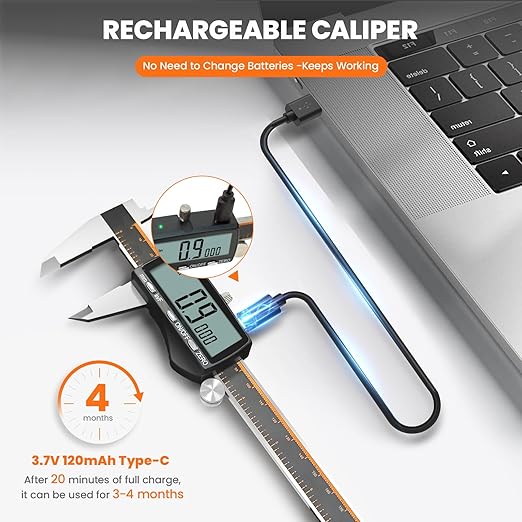 HARDELL Digital Caliper 12 Inch, Rechargeable Calipers with Large LCD Screen, Stainless Steel Digital Caliper Measuring Tool, Auto-Off, Inch/MM/Fraction for DIY/Household/3D-printing