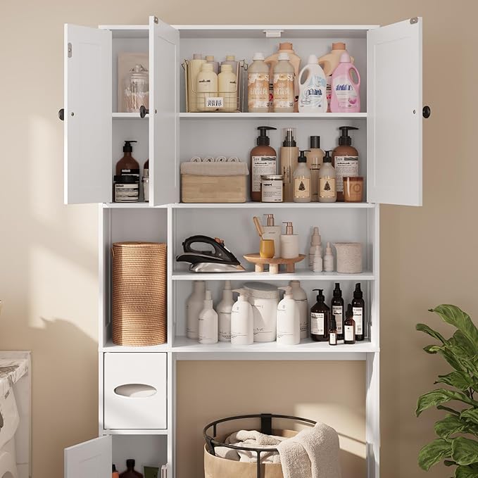 Ahomly Over The Toilet Storage Cabinet, Over Toilet Bathroom Organizer with Adjustable Shelves and Five Doors, Above Toilet Storage Cabinet for Bathroom, Restroom, Laundry, White