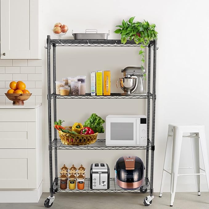 WDT 4-Tier Storage Shelves, Heavy Duty Metal Shelves Wire Rack Shelving Unit, Adjustable Shelf with Wheels for Home Office Garage Kitchen Shelf, 36" D x 14" W x 58" H
