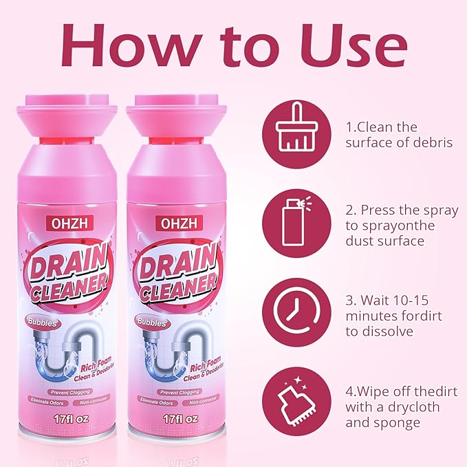 Foaming Drain Cleaner,Drain Clog Remover –Sink Cleaner and Deodorizer,Foaming Cleaners for Kitchen, Sinks, Shower Drains,Tub (1pc)