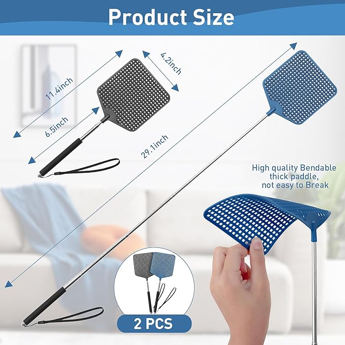 Telescopic Fly Swatters 2 Pack, Upgrade Plastic Flyswatter, Fly Swatter Heavy Duty for Indoor, Outdoor, Classroom, Stainless Steel Handle（Black, Blue）