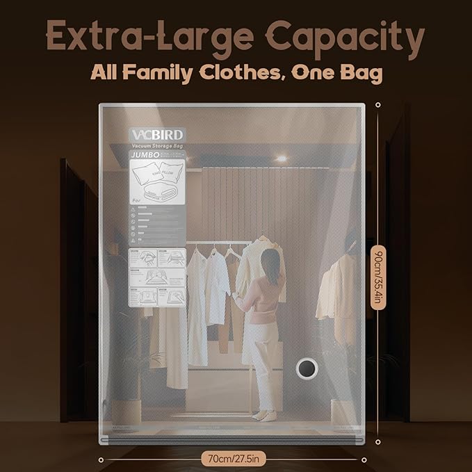Vacbird 15 Jumbo Size Vacuum Bags for Clothes Storage,Space Saver for Luggage Packing and Moving,Vacuum Sealed Bags for Clothing, Bedding, Blankets and Comforters