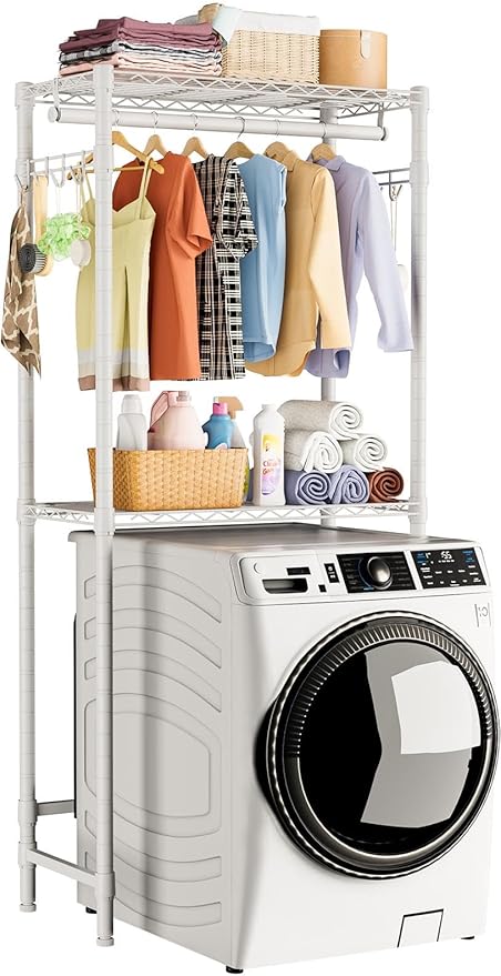 Golpart Over Washer and Dryer Shelves,2 Tier Adjustable Height Wire Shelving Laundry Room Storage Organization Clothes Drying Rack with Hanger Rod&Hooks,Space Saving Organizers Shelf,White