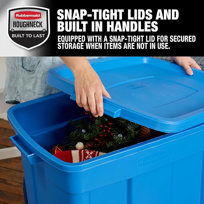 Rubbermaid Roughneck Tote 25 Gal, 4 Pack, Made in USA, Heritage Blue, Rugged Plastic Stackable Storage Bins with Lids and Handles