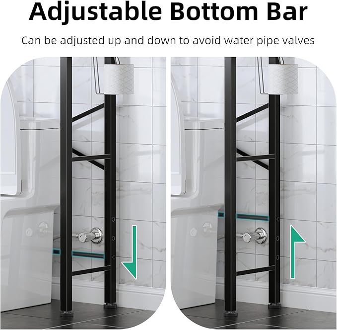 Kalrin Over The Toilet Storage with X Shape Side Guardrail, 3-Tier Over Toilet Storage Rack with Drain Basket, Freestanding Bathroom Organizer for Balcony Laundry, Pure Black