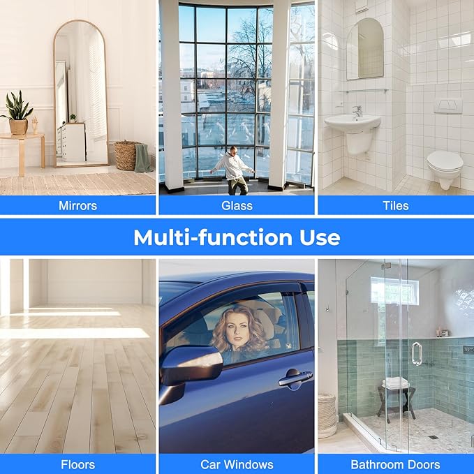 Shower Squeegee with Long Handle, Telescoping Window and Floor Extendable Squeegee for Shower Glass, Bathroom Surfaces, Mirrors, and Smooth Floors, Includes Replaceable and Washable Cloth Pads