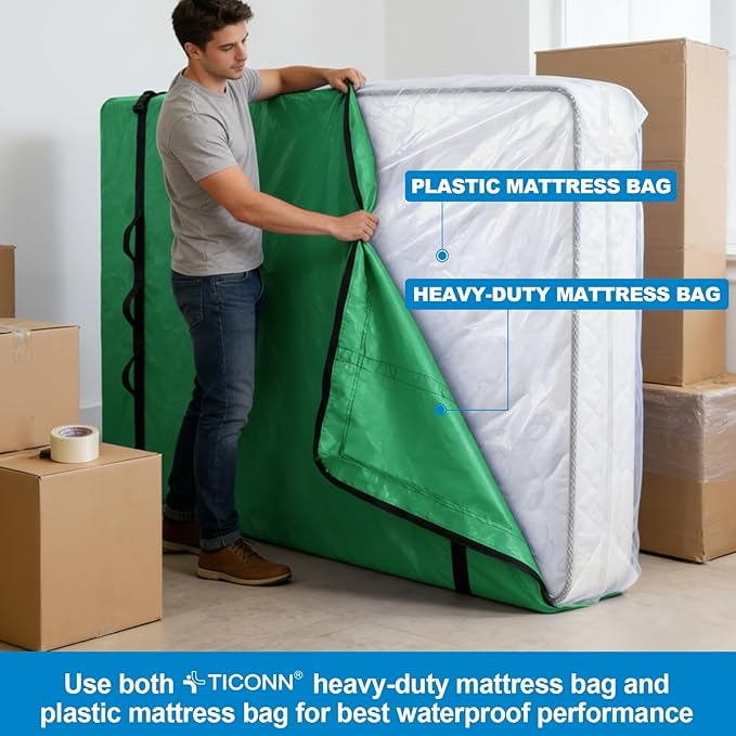TICONN Mattress Bags for Moving, Heavy Duty Twin Mattress Cover Storage Bag with Full-Around Handle and Adjustable Buckles (Green, Twin)