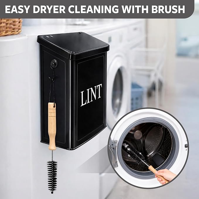Calindiana Modern Farmhouse Metal Magnetic Lint Bin with Lid and Laundry Room Organization and Storage Wall Mount Space Saving Washer and Dryer Trash Can (Black (LINT Brush Set))