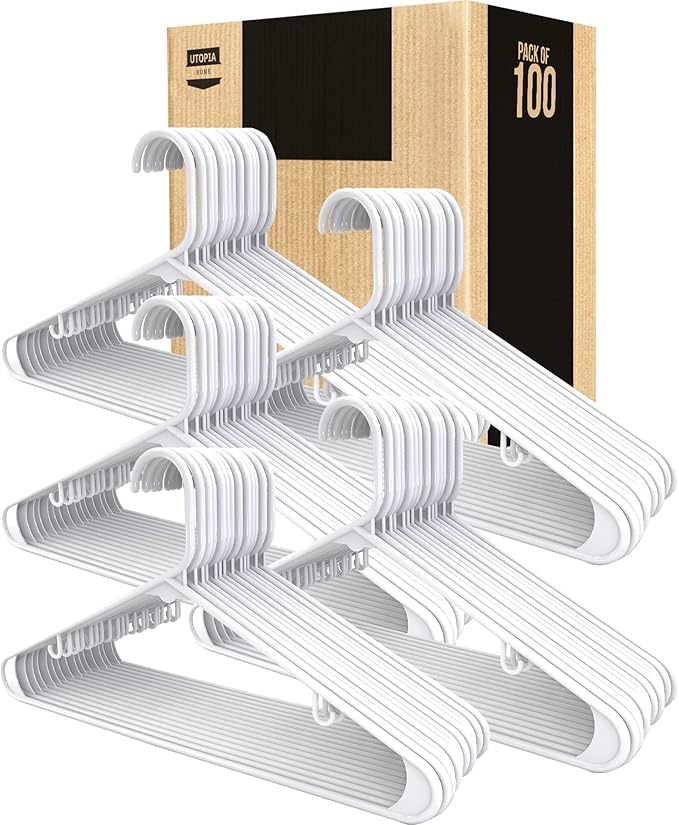 Utopia Home Plastic Hangers 100 Pack - Space Saving Clothes Hanger - Durable & Strong Closet Organizers and Storage with Built-in Strap Hooks - Essential for Shirts, Pants, Skirts & Coats (White)