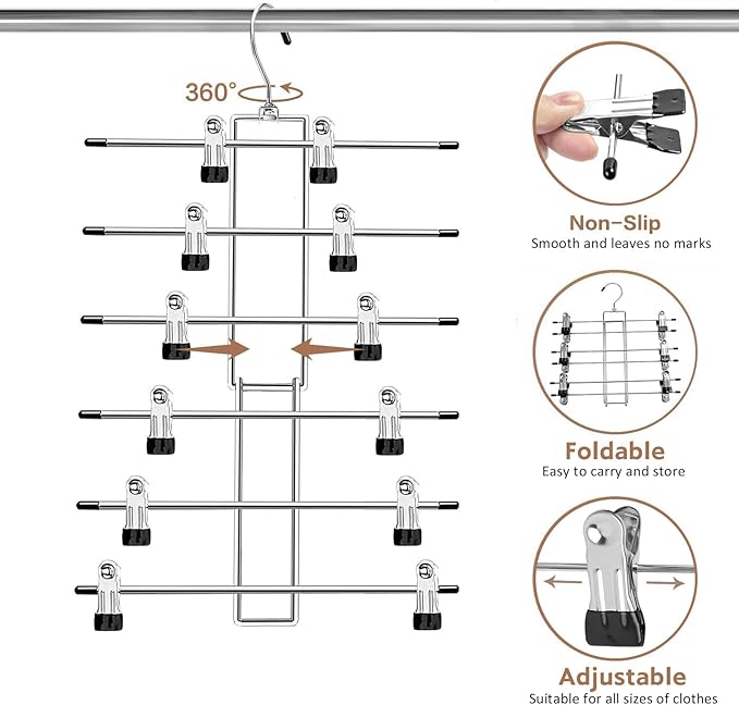 Pants Hangers with Clips,Space Saving Hanging Closet Organizer-6 Tiers Skirt Hangers with 360° Swivel Hook,Closet Organizer-Clothes Hangers- College Dorm Essentials Apartment Essentials-2 Pack