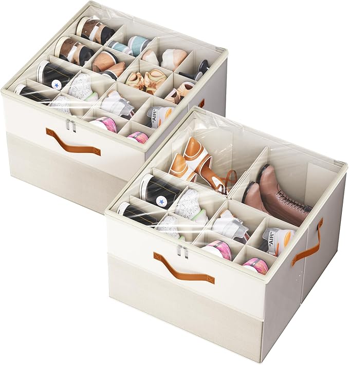 Shoe Organizer for Closet,2 Pack Foldable Shoe Storage Organizer Box Bin with Adjustable Dividers and Clear Cover, Fits up to 16-32 Pairs（Beige）