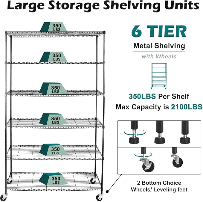 WDT NSF Certified Storage Shelves on Wheels, Heavy Duty Metal Shelves for Storage with Adjustable Stand, 6-Tier Wire Shelving Unit for Garage Pantry Kitchen Shelf Rack(17" W*47" D*80" H), Black