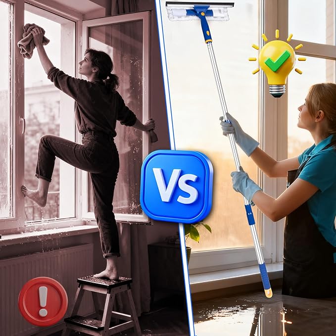 ITTAHO Squeegee for Window Cleaning with Extendable Pole, 53" 2-in-1 Window Cleaning Tool Kit, Shower Squeegee with Long Handle, Indoor/Outdoor High Window Cleaning-Two Pads