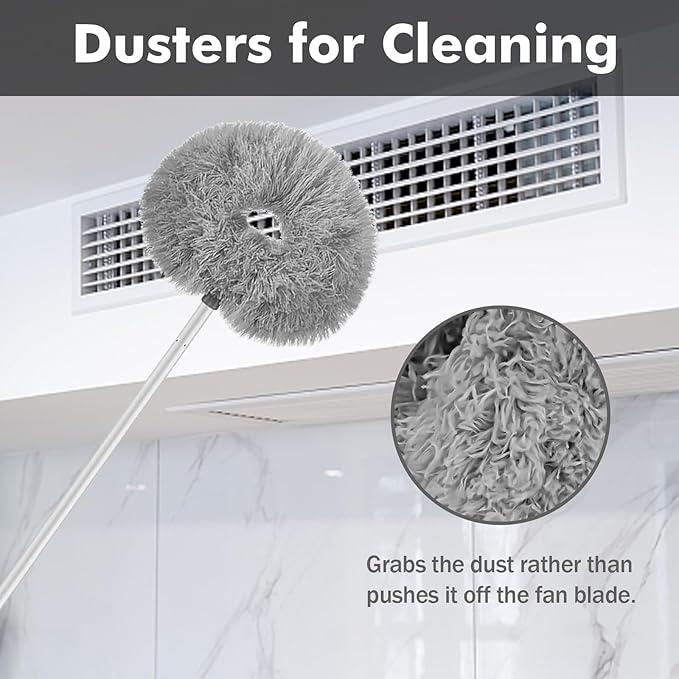 Ceiling Fan Cleaner Duster,Extra Long Dusters with Extension Pole 47 inch for Cleaning, Circle Shape Microfiber Reusable Duster & Flexible Brush, Ceiling Fan Duster for High Ceilings, Furniture (Grey)