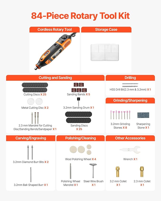 VEVOR 84-Piece Rotary Tool Kit, 200W Mini Power Rotary Tool Corded, 6-Level Speed 8000-40000 RPM Multi-Purpose DIY Tools for Engraving, Sanding, Polishing, Carving, Grinding, Cutting, DIY Crafts